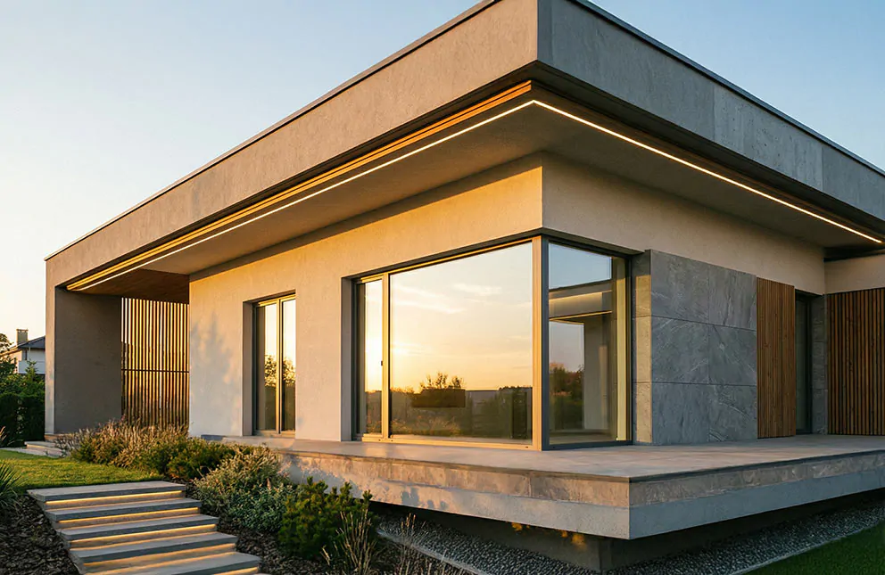 Fassade eines Hauses mit linearer LED-Beleuchtung