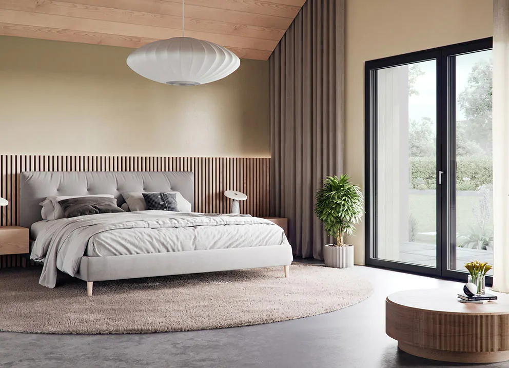 Schlafzimmer in der Farbe Universal-Khaki mit Pava-Fenster