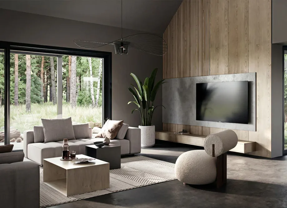 Wohnzimmer in der Farbe Silhouette mit Pava-Fenster