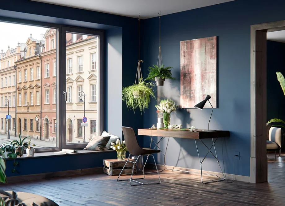 Zimmer im maritimen Stil in Marineblau mit einem Fenster Winergetic Standard