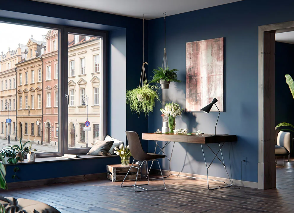 Zimmer im maritimen Stil in Marineblau mit einem Fenster Winergetic Standard